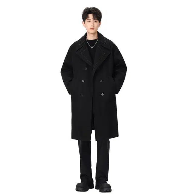 加荣 美式撞色设计感中长款毛呢高级感英伦风宽松休闲潮流翻领大衣 男女同款