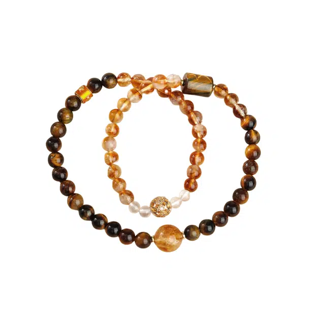 子婳 黄塔晶多圈叠戴珠串本命年招财转运珠诸事顺利复古精致时尚优雅百搭水晶串珠高级感手链 虎眼石 玉石手串 男女同款情侣款