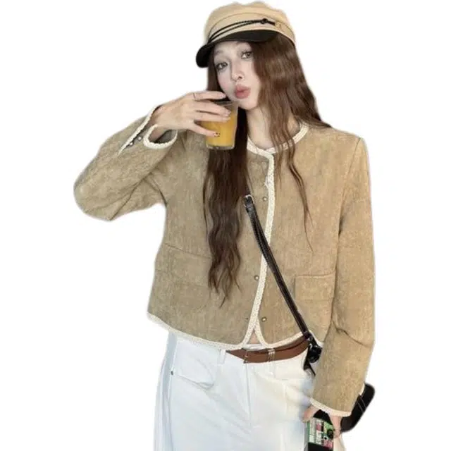 纤丝鸟 法式百搭小香风女休闲宽松显瘦短款露肚脐上衣潮截短外套 女款