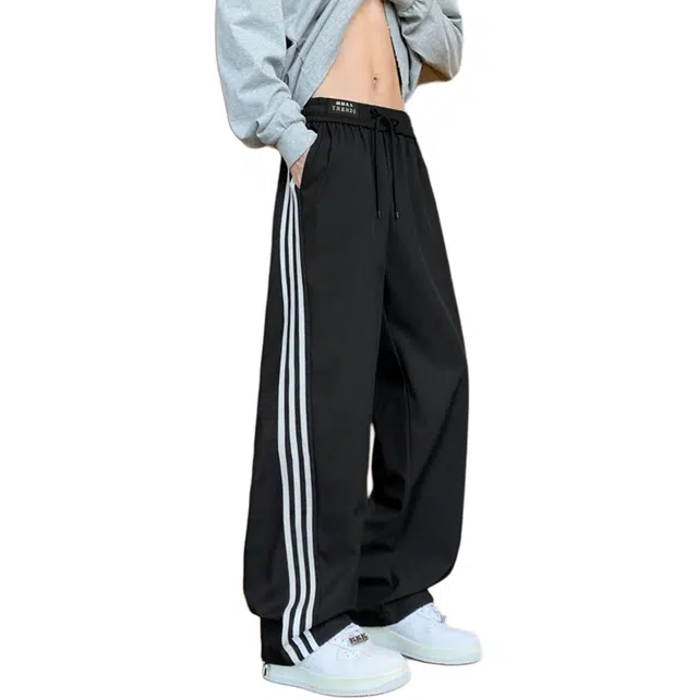 【系带侧边条纹设计】赫赫良衣 美式复古痞帅高街风防风防水长裤子时尚百搭舒适保暖宽松显高显瘦小众高级感学院风韩系潮牌休闲裤 男女同款
