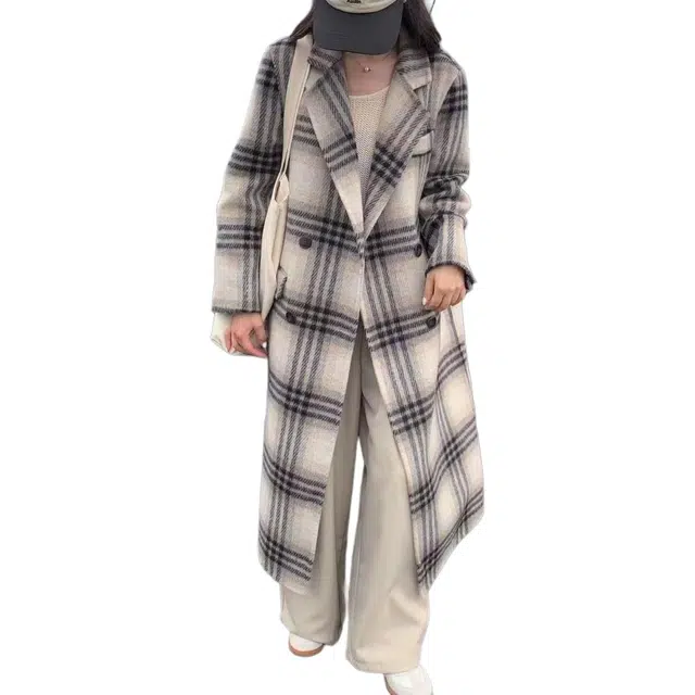 纤丝鸟 百搭休闲高端女宽松格子韩版气质外套中长版大衣 女款