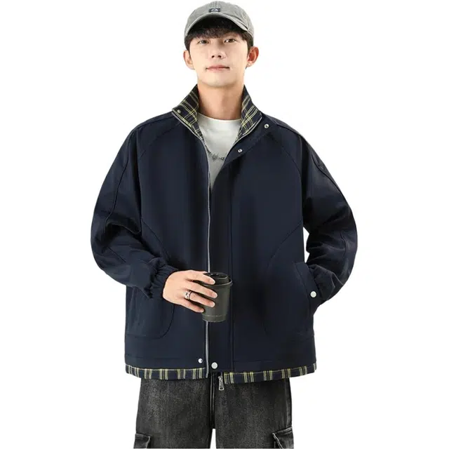 八哥 美式高街基础款经典复古纯色格纹拼接撞色宽松时尚潮流舒适设计感百搭通勤日常简约工装飞行员翻领长袖夹克外套 男女同款