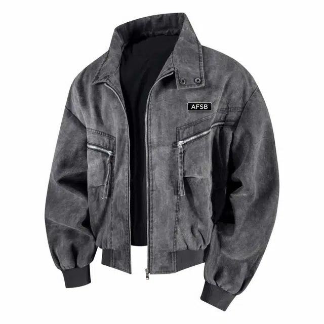艾梵斯贝 美式复古潮流仿牛仔做旧水洗工装小众设计款无性别日常通勤百搭宽松休闲时尚机车外套个性街头情侣款夹克 男女同款
