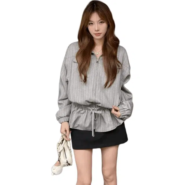 纤丝鸟 韩系立领条纹时尚女高级感收腰显瘦开衫夹克上衣截短外套 女款