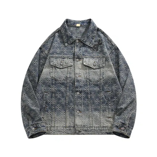 虫小绿 美式复古潮牌设计感十字架烫钻夹克百搭秋季潮流痞帅高级感满印提花上衣轻奢小众休闲翻领牛仔外套 男女同款