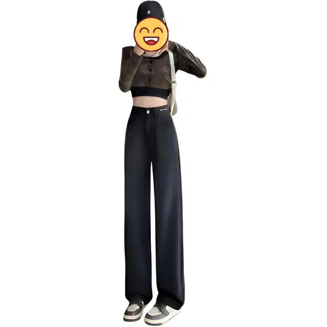 邦固依品 阔腿女高腰宽松窄版春秋季显瘦复古怀旧垂感拖地长裤牛仔裤 女款