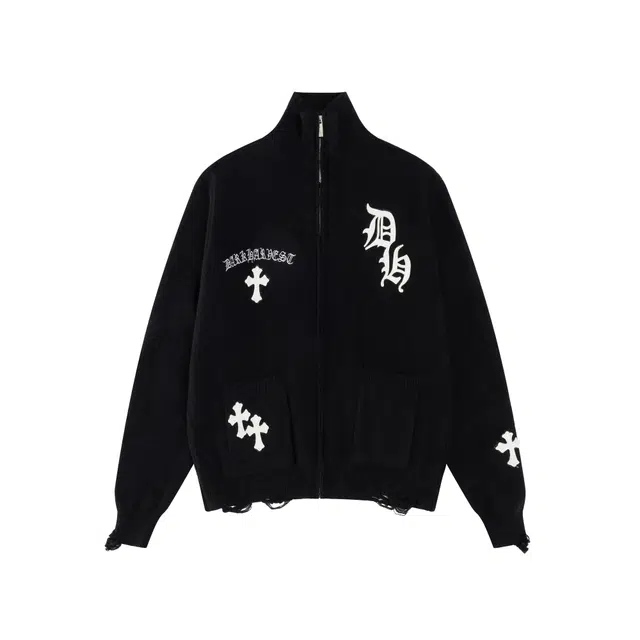 奇迹街区 美式复古十字架哥特风字母梵文个性小众设计感百搭开衫毛线衣情侣宽松舒适日常外套上衣秋冬拉链立领针织衫 男女同款