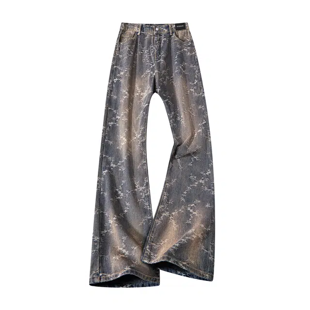 布客行 【刺绣提花系列】美式高街显高显瘦设计感微喇休闲百搭水洗做旧复古直筒阔腿长裤子深色修身花卉满印无性别主义牛仔裤 男女同款