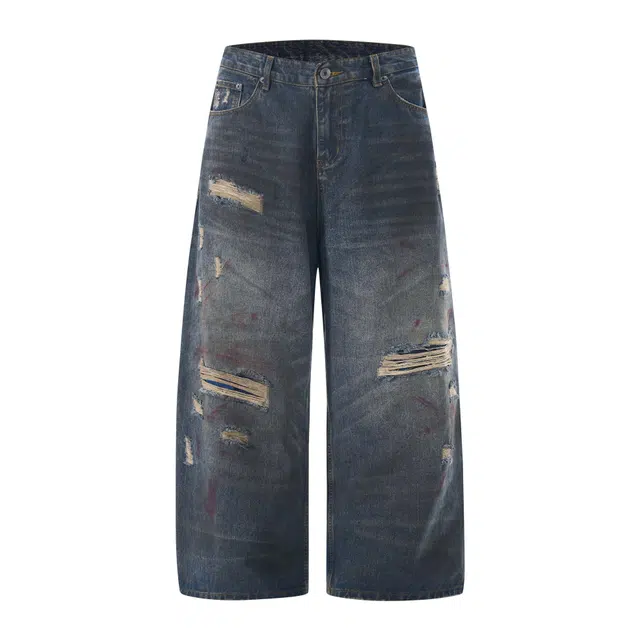 宝米卡 美式涂鸦泼墨潮牌做旧水洗宽松直筒阔腿破洞裤牛仔裤 男女同款