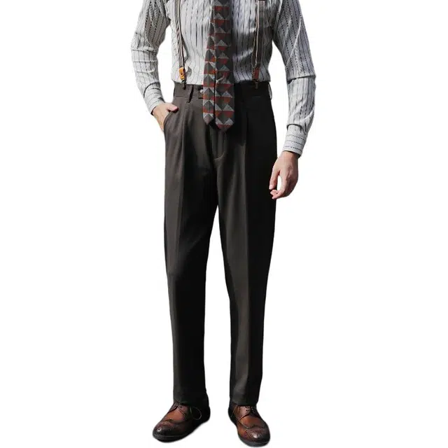 大格子与黑猫 复古英伦高腰修身小直筒单褶免烫上班婚纱照垂感休闲棕色长裤西裤西装裤 男款