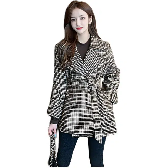 纤丝鸟 休闲百搭时尚千鸟格复古西装外套中长款收腰宽松气质大衣 女款