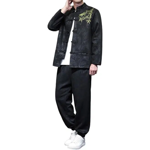 加荣 中国风男装刺绣唐装汉服两件套中式复古宽松衬衣束脚裤二件套时尚高端年轻汉上衣裤子俩件套松弛慵懒风衬衫套装 男女同款