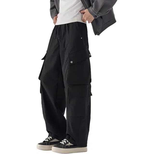 协协乐 山系户外高街机能风美式潮牌秋冬季拼接氛围感战术裤宽松直筒阔腿拖地裤青少年弹力抽绳百搭休闲运动长裤工装裤 男款