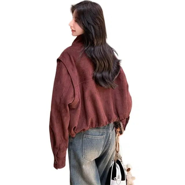 纤丝鸟 韩版休闲复古红女短款小个子夹克流行截短外套 女款