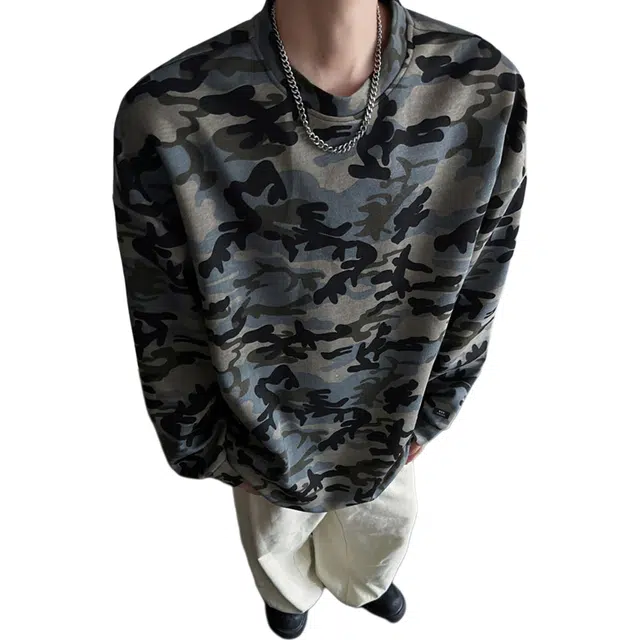 徐百货 美式复古高街潮牌迷彩圆领上衣宽松休闲百搭长袖打底衫潮流卫衣 男女同款