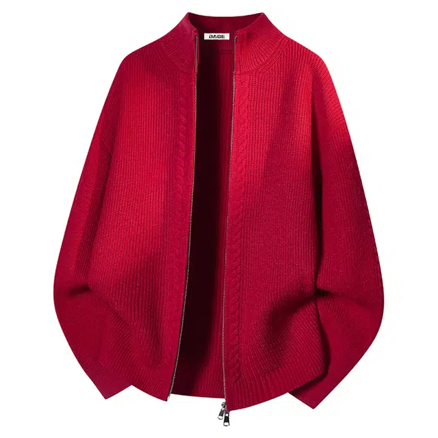 八哥 美式高街基础款纯色舒适休闲百搭宽松设计感经典亲肤柔软立领慵懒拉链开衫针织衫 男女同款