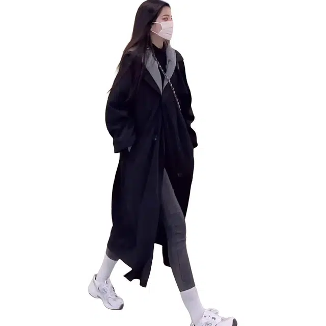 纤丝鸟 休闲黑色外套女中长款韩版宽松小个子连帽大衣 女款