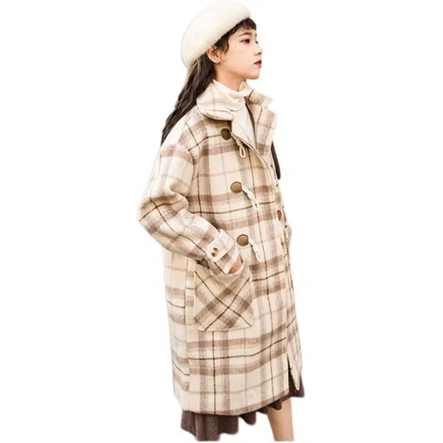 纤丝鸟 学院风中长款格子外套时尚休闲舒适百搭优雅大衣 女款