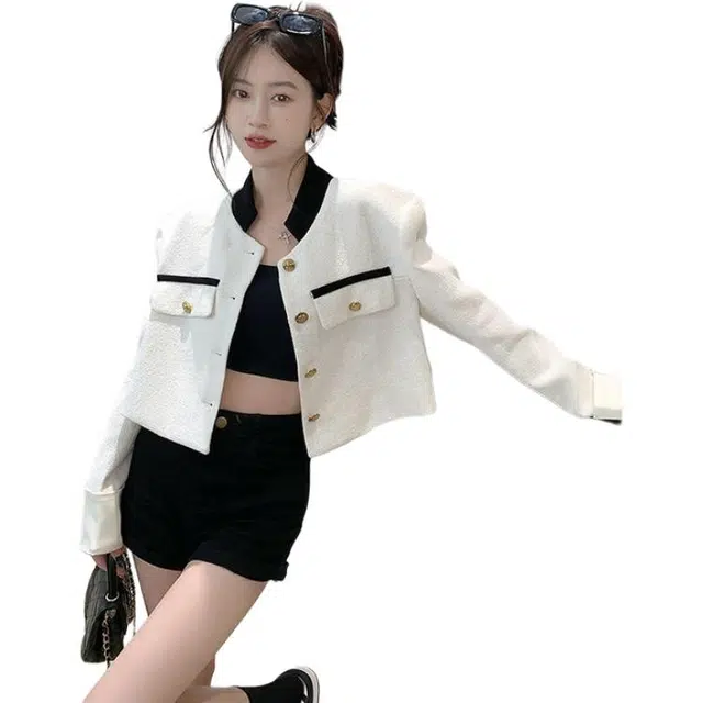 纤丝鸟 甜美小香风短款宽松显瘦设计长袖上衣截短外套 女款