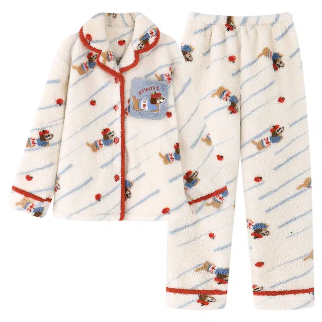 俏霓桐 保暖加绒加厚蓄温可爱卡通简约甜美翻领舒适柔软家居服可外穿睡衣套装 女款