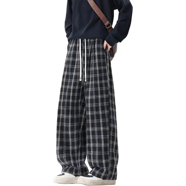 华夏儿女 美式复古高街秋冬撞色格子磨毛加厚拖地大码慵懒风舒适直筒休闲裤 男女同款