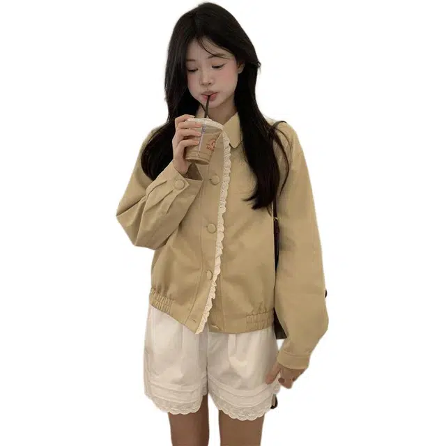 小卷要加油 花边拼接翻领长袖外套女秋季短款设计感棒球服上衣潮夹克 女款