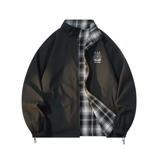 赛琪 美式复古高街设计感立领格纹拼色经典双面穿舒适宽松休闲百搭日常通勤潮流时尚简约上衣外套夹克 男女同款