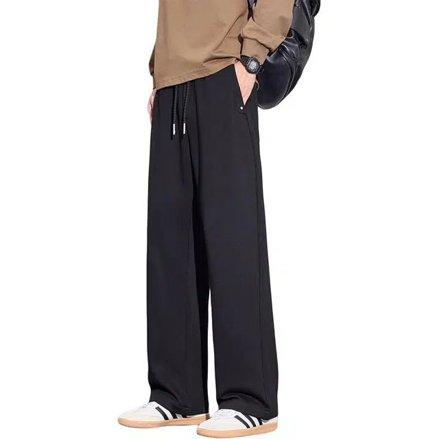 协协乐 简约时尚纯色通勤宽松直筒阔腿垂坠感百搭弹力抽绳痞帅运动长裤休闲裤 男款