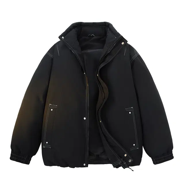 快鱼 美式复古纯色拼接百搭舒适立领防风抗寒工装棉袄外套时尚休闲宽松落肩飞行员教练夹克棉服 男女同款