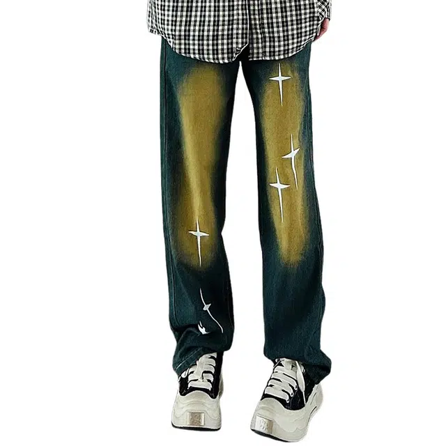 法文箱子 美式潮牌高街基础款复古潮流百搭重工做旧水洗显高显瘦休闲宽松垂坠感直筒阔腿胖子大码牛仔裤 男女同款