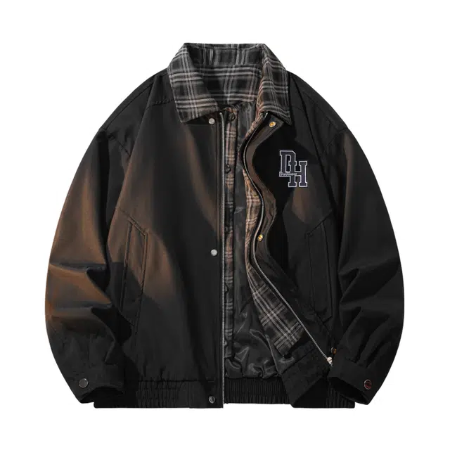 敦煌博物馆 美式复古高街字母万针刺绣巴恩风潮牌假两件格子撞色拼接外套宽松休闲通勤百搭高级感翻领夹克 男女同款