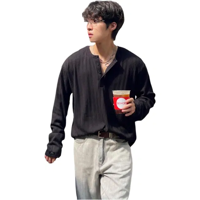 徐百货 美式复古极简风高级感亨利领长袖上衣慵懒风松弛感百搭打底衫卫衣 男女同款