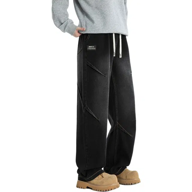 【渐变做旧褶皱设计】赫赫良衣 美式复古痞帅高街风明线装饰长裤子休闲百搭舒适保暖宽松显高显瘦小众高级感学院风韩系潮牌牛仔裤 男女同款