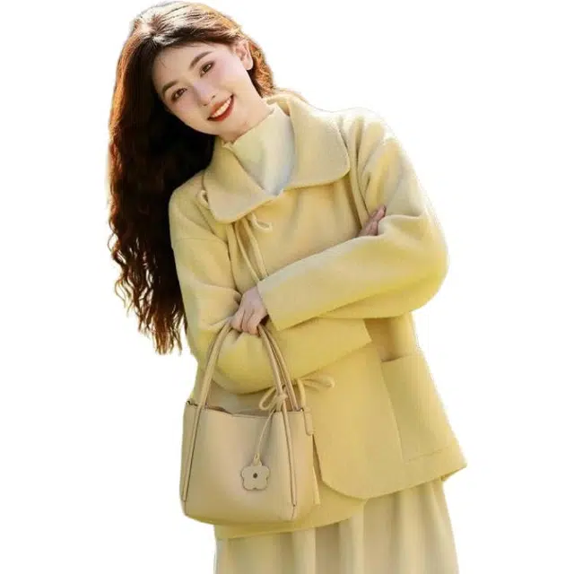 纤丝鸟 法式慵懒风黄色开衫女气质减龄大衣截短外套 女款