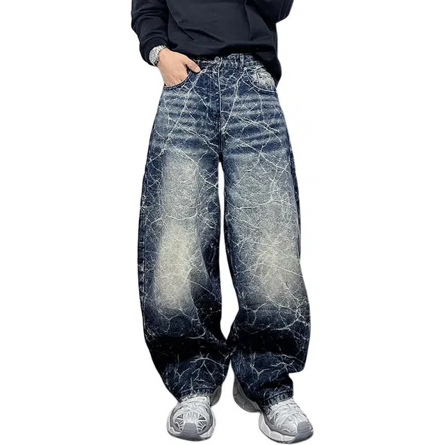 宝米卡 美式复古水洗做旧闪电纹设计感宽松休闲阔腿长裤牛仔裤 男女同款