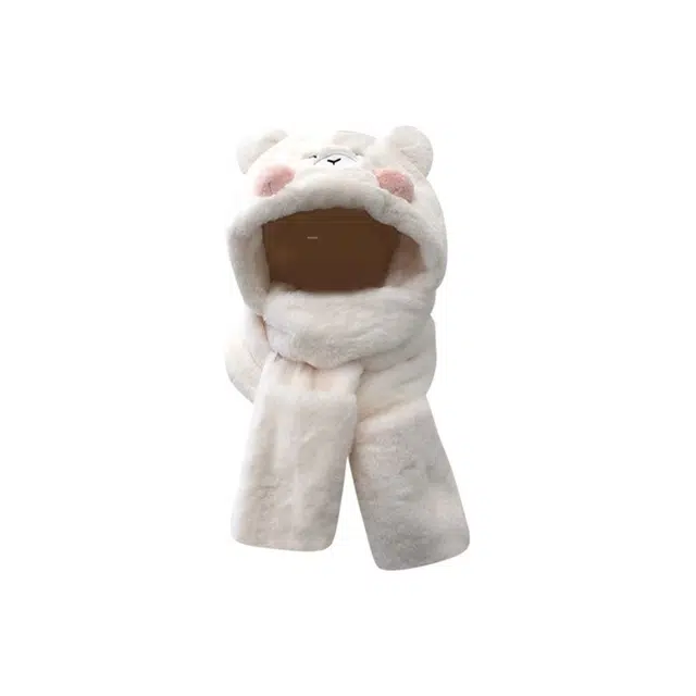 恩僾德 可爱小熊帽子围巾一体女秋冬天毛绒围脖手套骑车防寒防冷保暖三件套显脸小雷锋帽潮 聚酯纤维 斗篷帽 男女同款情侣款