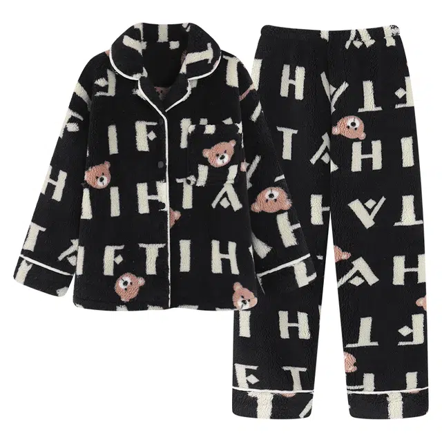 俏霓桐 可爱加绒加厚保暖蓄温卡通小熊甜美休闲翻领舒适家居服可外穿睡衣套装 女款