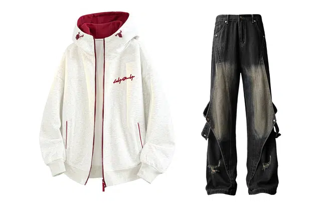 陆与山屿 美式潮流情侣纯色连帽套头宽松舒适百搭时尚学院风长袖搭配港风复古直筒阔腿牛仔裤休闲运动套装 男女同款