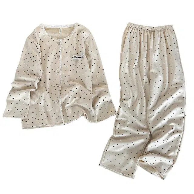 俞兆林 简约卡通时尚圆点高级感花边方领宽松舒适长袖两件套家居服睡衣套装 秋冬季 女款