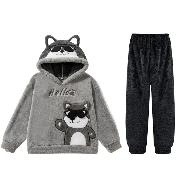 俏霓桐 卡通连帽酷汪舒适加厚加绒珊瑚绒青少年学生可外穿保暖家居服睡衣套装 男款