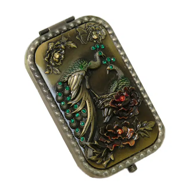 静玲珑 铜长方形双面小镜子创意折叠随身镜子迷你复古便携化妆镜孔雀