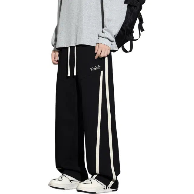 瑞梵帝斯 秋冬美式高街百搭复古拼接侧边条纹宽松舒适时尚户外日常慵懒通勤透气中腰显高显瘦直筒垂感系带针织休闲裤 男款