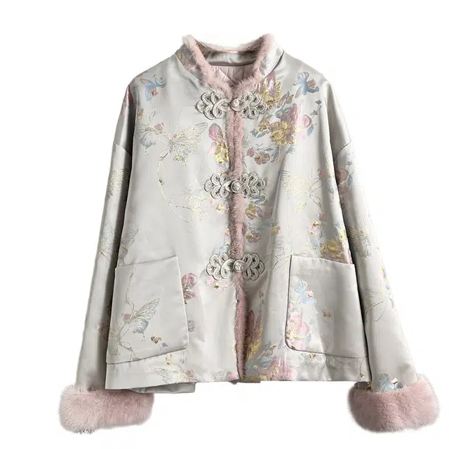 桴生 新中式国风提花缎面刺绣拼接水貂毛外套女秋冬高级感上衣棉服 女款