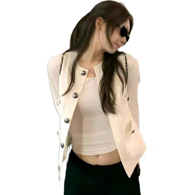 纤丝鸟 韩系高级感白色圆领小香风女温柔风气质短款夹克截短外套 女款