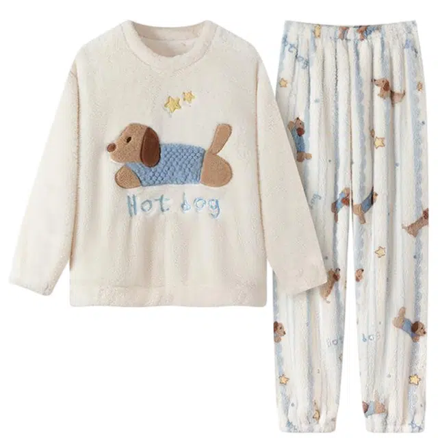 俞兆林 简约可爱长条狗卡通高级感加厚保暖珊瑚绒长袖长裤学生舒适家居服睡衣套装 秋冬季 女款