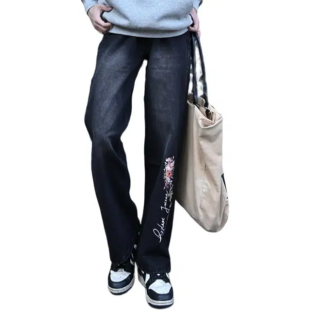 法文箱子 美式高街潮流创意学院风花朵植物元素印花休闲直筒复古做旧日常百搭显高垂感阔腿牛仔裤 男女同款