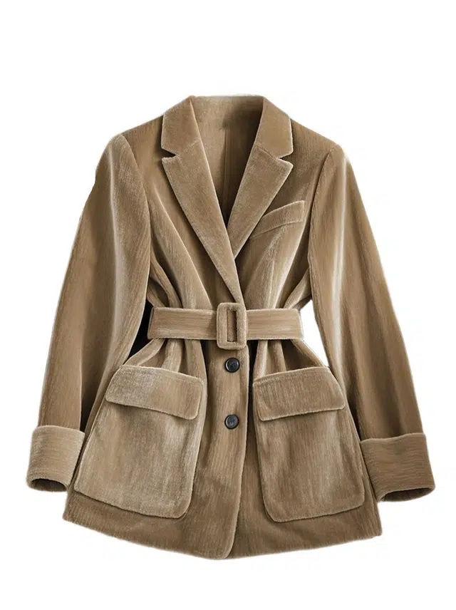 桴生 今年流行时尚休闲百搭咖色翻领长袖加厚金丝绒外套女冬季西装 女款