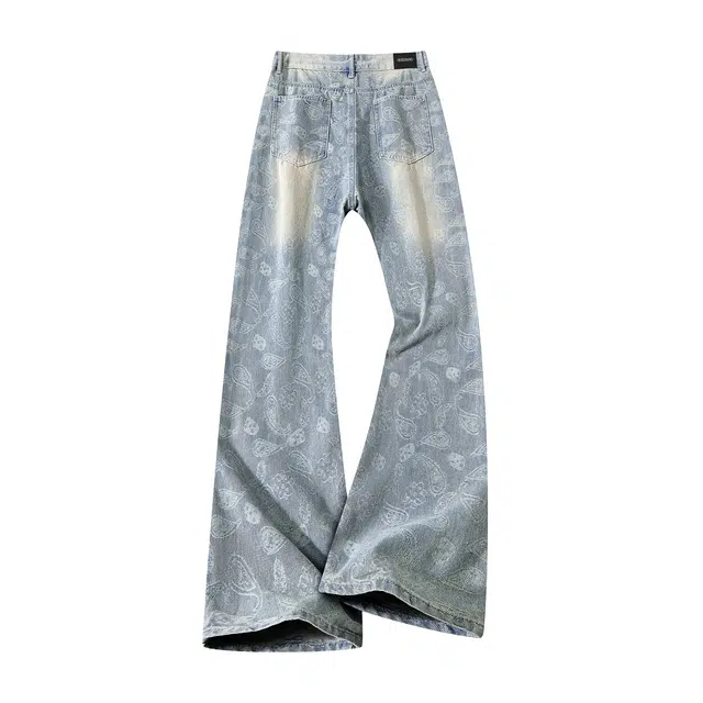 布客行 美式腰花果破洞磨毛手工磨破提花刺绣复古高街设计感修身显高显瘦水洗做旧蓝色窄版通勤休闲百搭弯刀直筒阔腿潮牌牛仔裤 男女同款