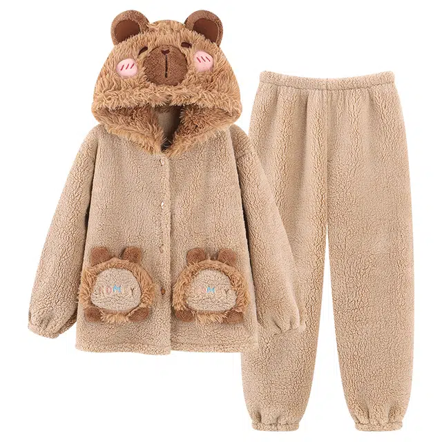 俏霓桐 连帽保暖蓄温加绒加厚可爱卡通双口袋甜美软萌家居服可外穿睡衣套装 女款