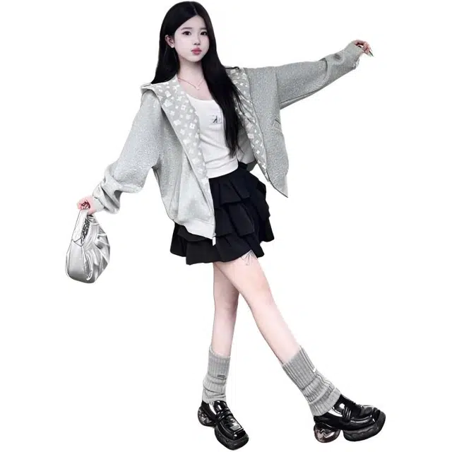 小卷要加油 美式刺绣字母开衫连帽卫衣女帽衫冬季潮牌小众拉链外套上衣男夹克 女款